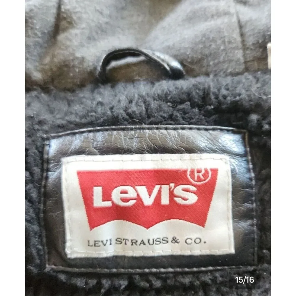 O2 Levi Strauss & Co Black soft Faux Leather Sherpa-Lined Moto Jacket w Hoodie